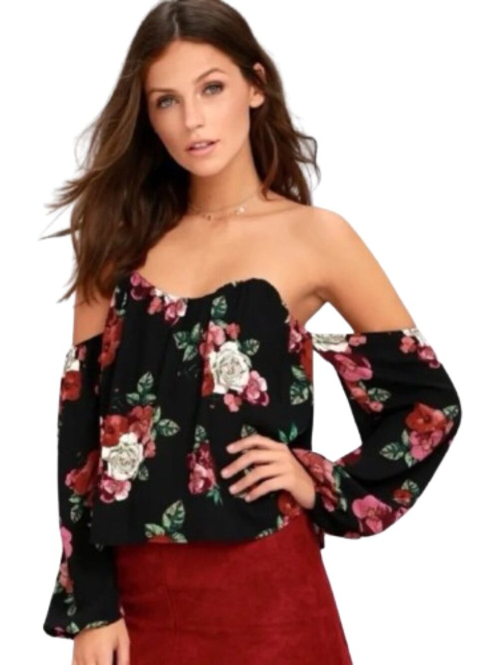Lulus In Your Arms Black Floral Print Off-the-Shoulder Top